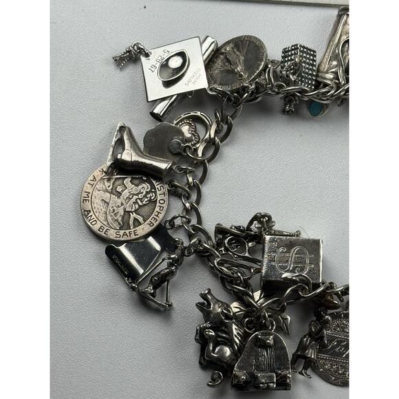 Vintage Sterling Silver Charm Bracelet 7.5" 25 Charms Travel Religious Phone - Picture 4 of 10
